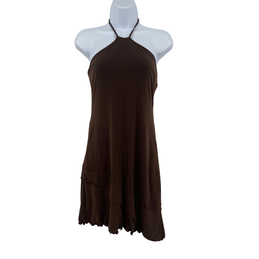 Moda International Halter Dress Women Medium Brown Ruffle Hem Y2K Vintage